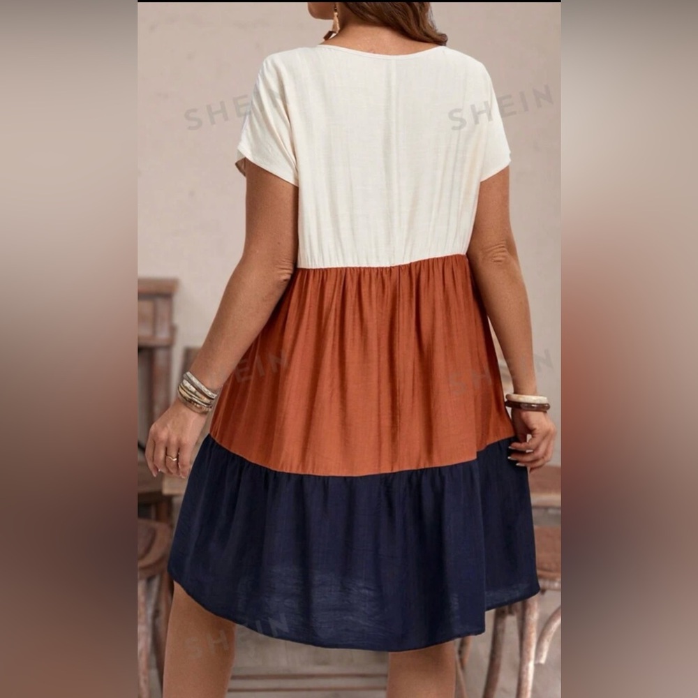EMERY ROSE Navy/Rust/Tan Contrast Color A-Line Flare Dress, Size 2XL(16), EUC. - Picture 8 of 10